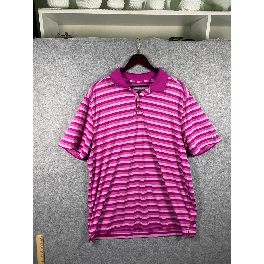Under Armour Mens XL HeatGear Loose Fit Striped Polo Shirt Pink Purple Golf Tee